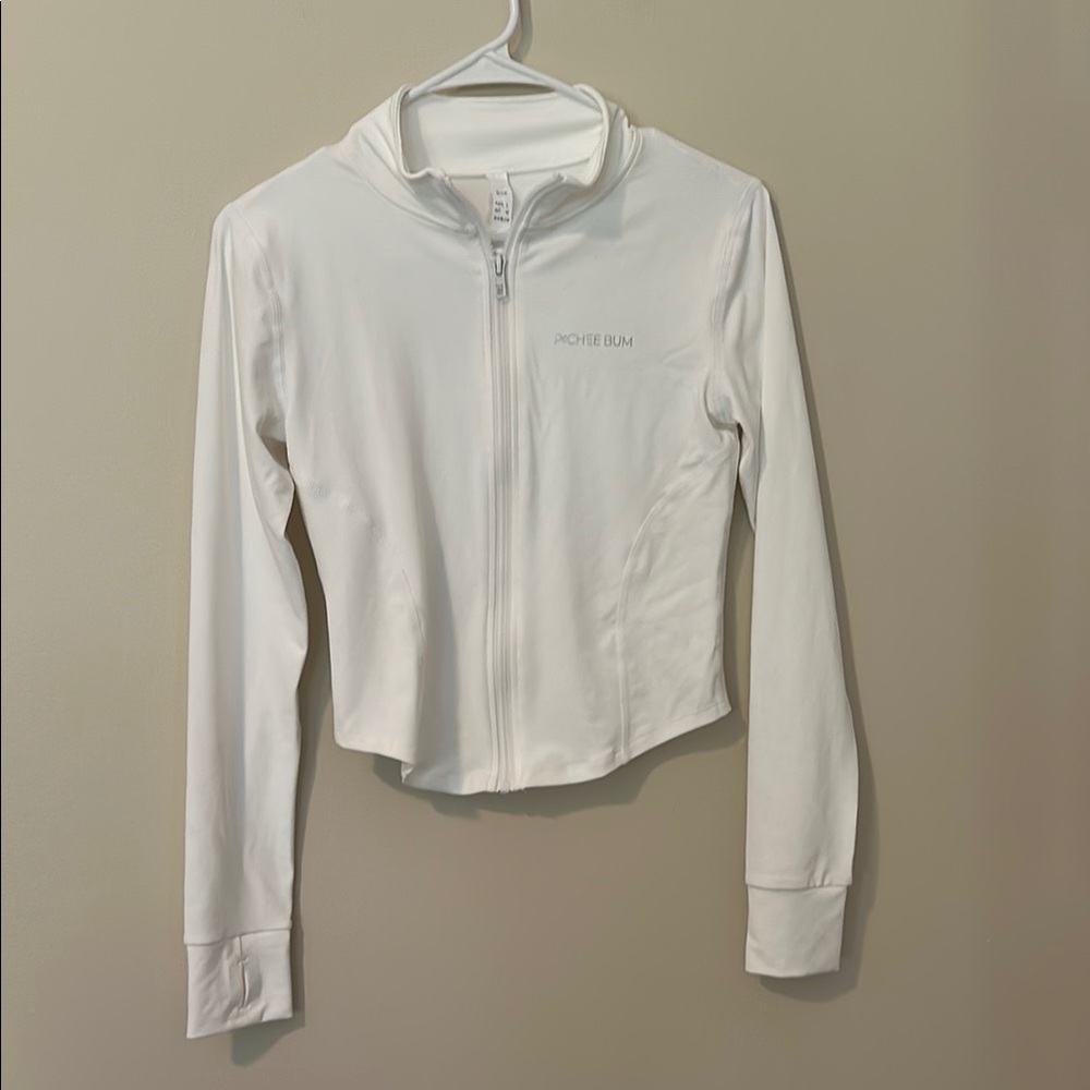 White Cropped Mock Neck Zip-Up Jacket